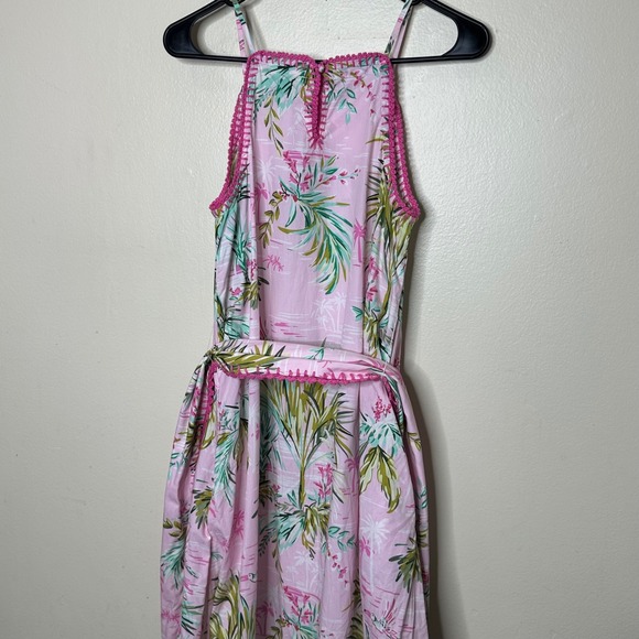 Crown and Ivy Tropical Pink Green Palm Midi Belted Halter Dress size Small Crown and Ivy Tropical Pink Green Palm Midi Belted Halter Dress size Small